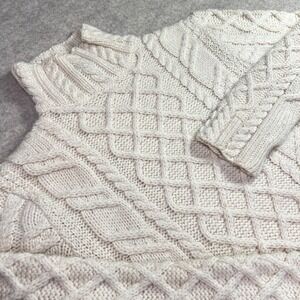 Paul James Made in England 100% Wool Cable Knit Mock Neck Sweater Cream Large W